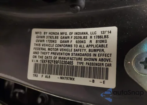 2015 Honda Civic Ex from USA, damaged, VIN 19XFB2F89FE030465